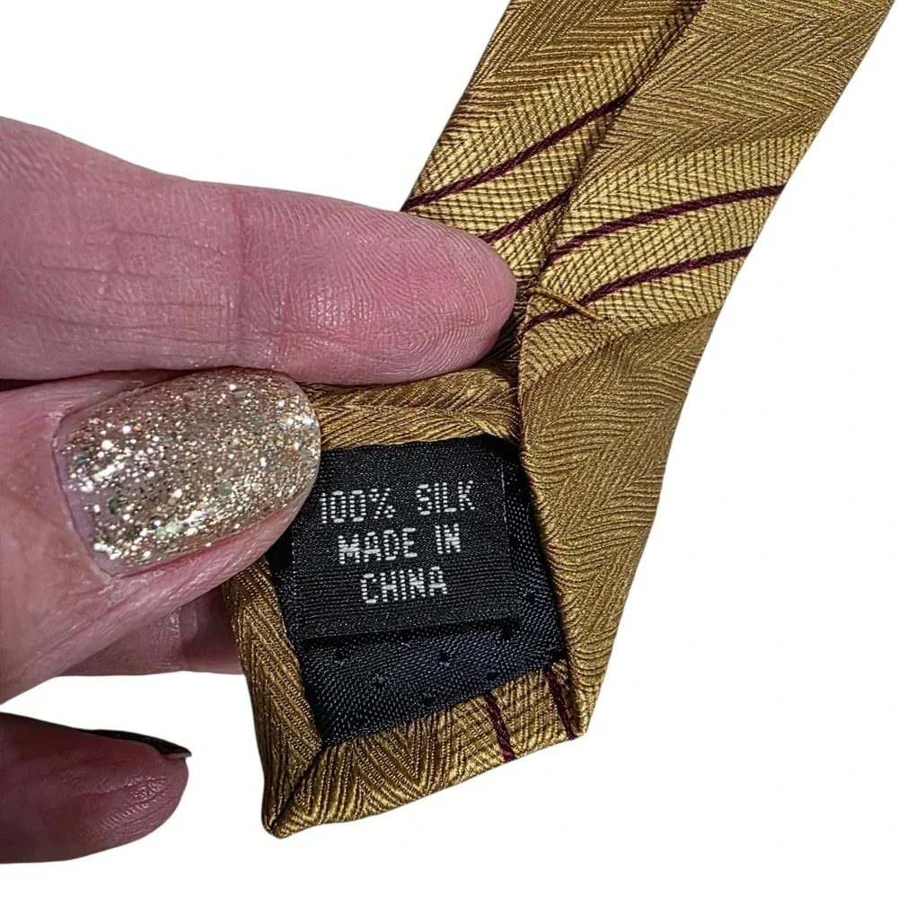 PRAGO Silk Striped Necktie Gold Burgundy Classic Formal Business Luxury Designer